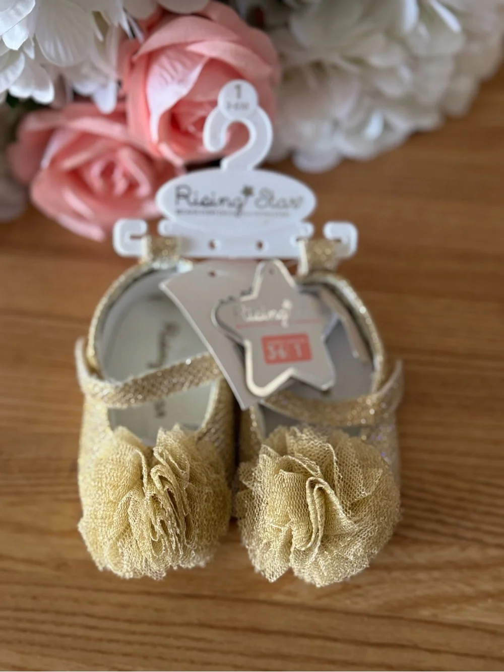 Rising Star Gold Glitter Baby Pom Pom Mary Jane Shoes